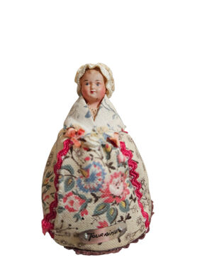 Antique French Touraine Bisque Pincushion Doll Floral Dress Souvenir c.1900-1930